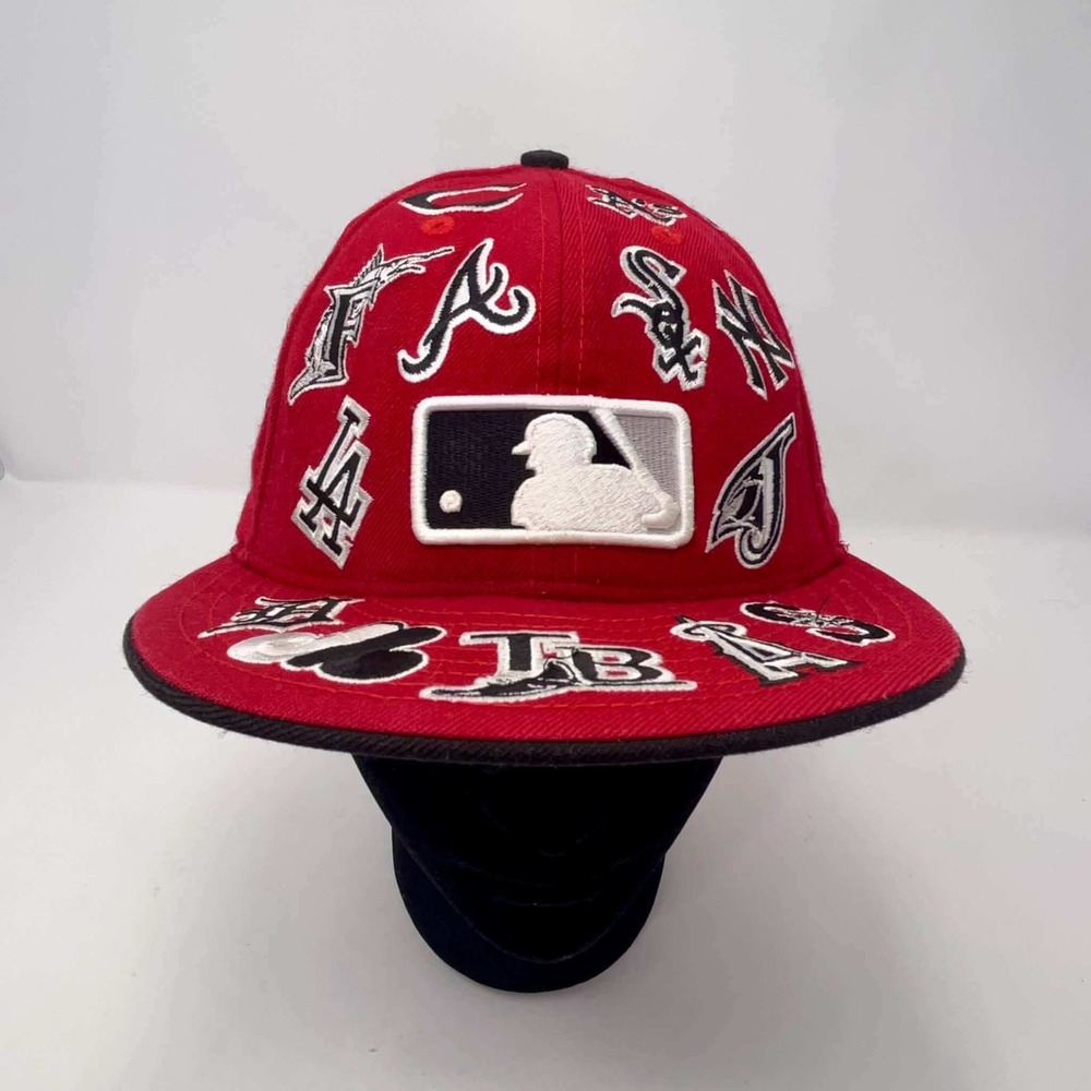 New Era MLB All Over Logo 59FIFTY Hat 7 3/8 Red Fitted Baseball Teams Cap